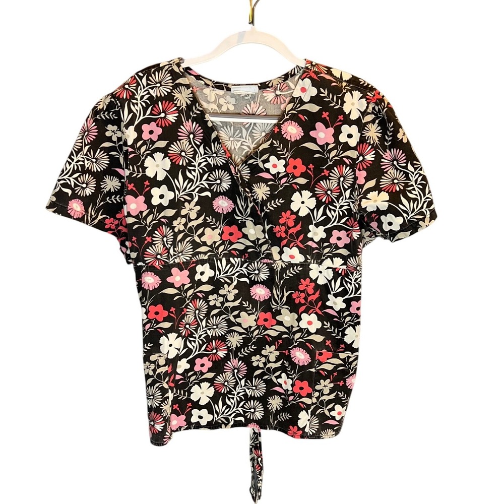 LIFE Floral Print Scrub Top Women Short Sleeve V Neck Tie Back MED